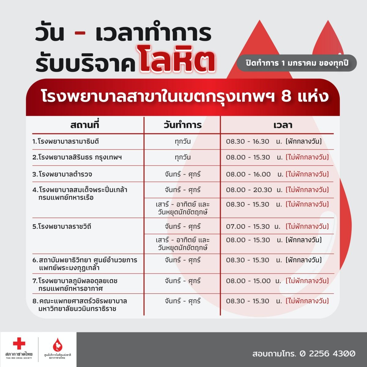 วันทำการ รพ.สาขาในเขตกรุงเทพฯ